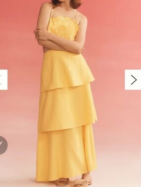 Farm Rio By Anthrologie 3d Floral Yellow Tiered Dress Women M